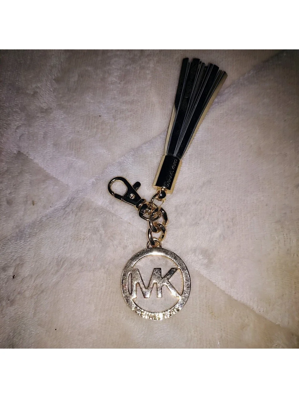 Michael Kors Gold MK Logo Charm Tan Leather Tassle 4 Handbag Purse Fob Hang Tag